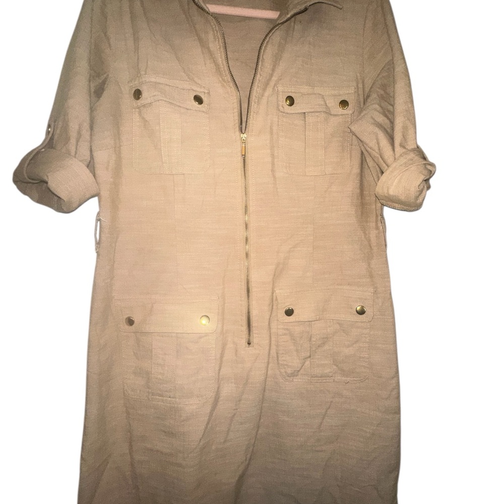 Sharagano Beige Utility Shirt Dress | Pockets Casual Work Dress Size 14 - Picture 2 of 5